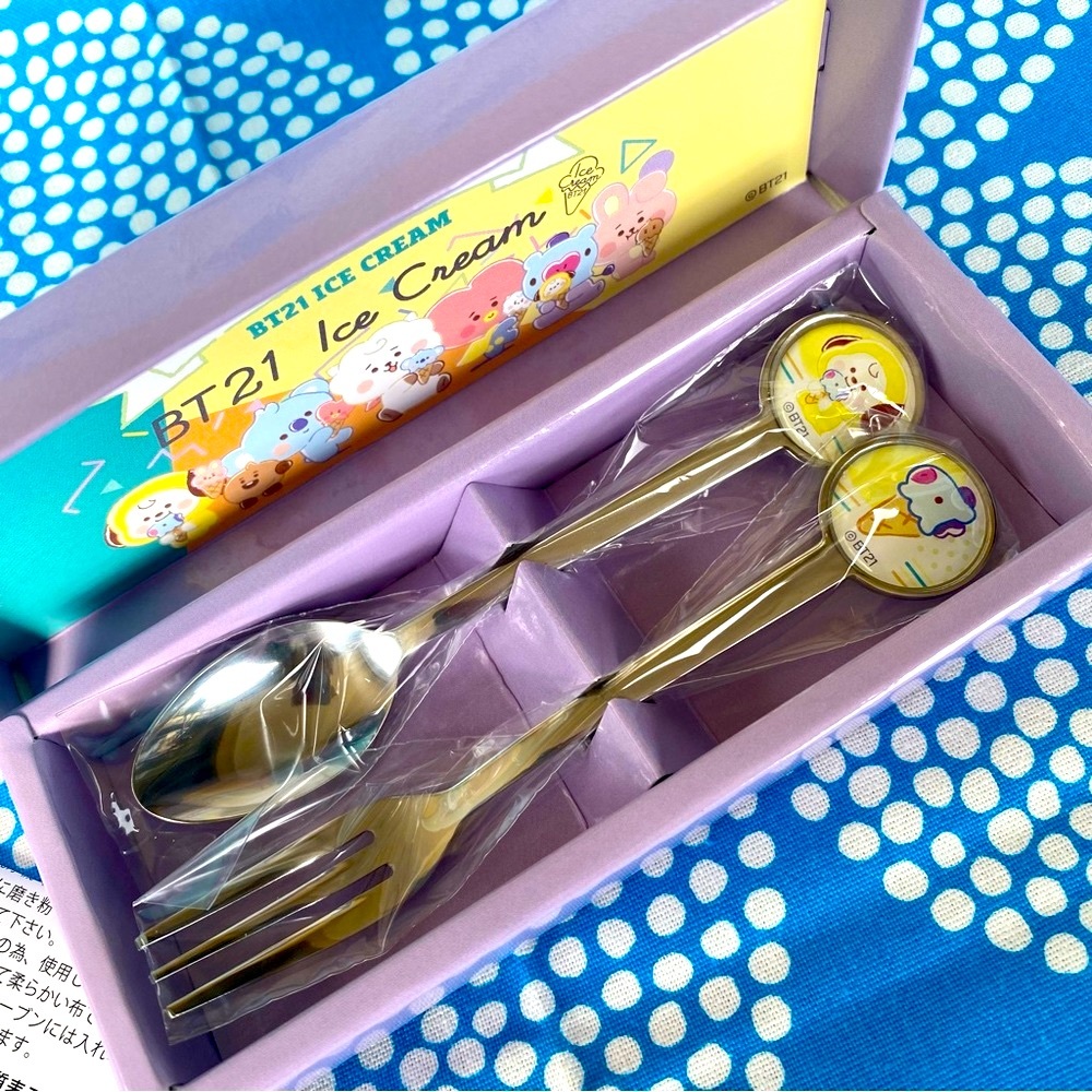 NIB BT21 Ice Cream Dessert Spoon and Fork Set Chimmy and Mang in Giftbox